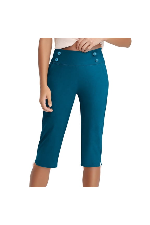Dressy Capri Pants for Women Work High Waist Capris Pants with Pocket Casual Office Hiking Golf Lounge Pants Blue, 2XL