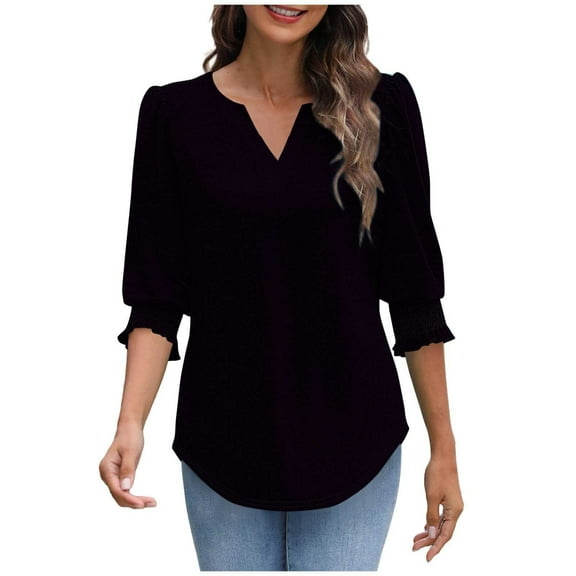Dressy Casual Blouses for Women 3/4 Length Sleeve Womens Tops V Neck Loose Shirts with Smocked Cuffs Office, Black 2XL