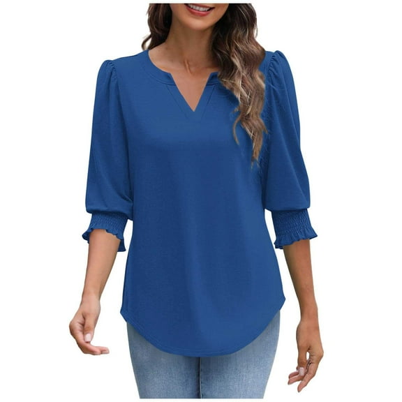 Dressy Casual Blouses for Women 3/4 Length Sleeve Womens Tops V Neck Loose Shirts with Smocked Cuffs Office, Blue M