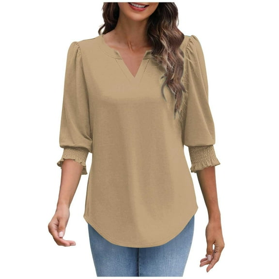 Dressy Casual Blouses for Women 3/4 Length Sleeve Womens Tops V Neck Loose Shirts with Smocked Cuffs Office, Khaki 2XL