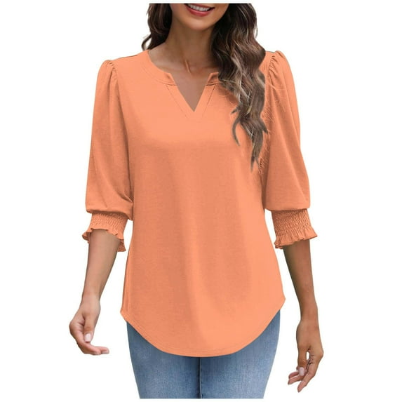 Dressy Casual Blouses for Women 3/4 Length Sleeve Womens Tops V Neck Loose Shirts with Smocked Cuffs Office, Orange L