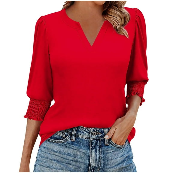 Dressy Casual Blouses for Women 3/4 Length Sleeve Womens Tops V Neck Loose Shirts with Smocked Cuffs Office, Red 2XL