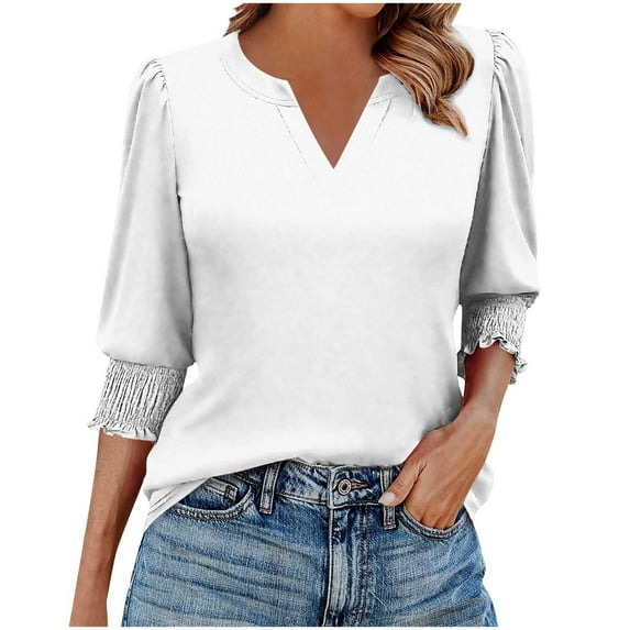 Dressy Casual Blouses for Women 3/4 Length Sleeve Womens Tops V Neck Loose Shirts with Smocked Cuffs Office, White M
