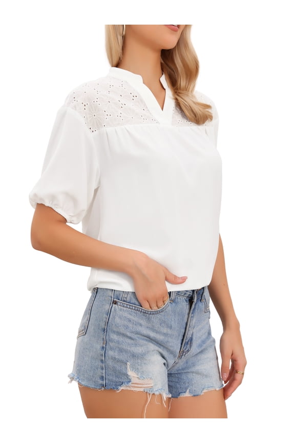 Dressy Casual Blouses for Women V Neck Short Sleeve Shirts Cute Summer Tops M White