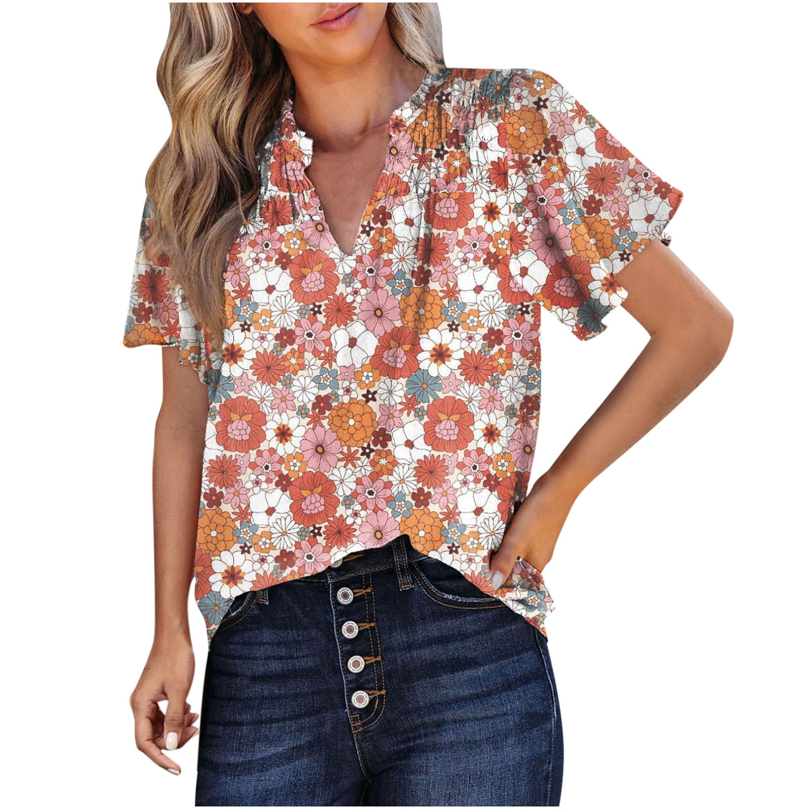 Women's White Floral V Neck Buttons Pleated Flared Comfy Tu