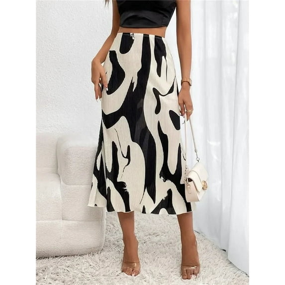 Dressy Casual Graphic Print Pleated Long Skirts Women Autumn Fashion Elastic High Waist Geometry Midi Skirt Streetwear