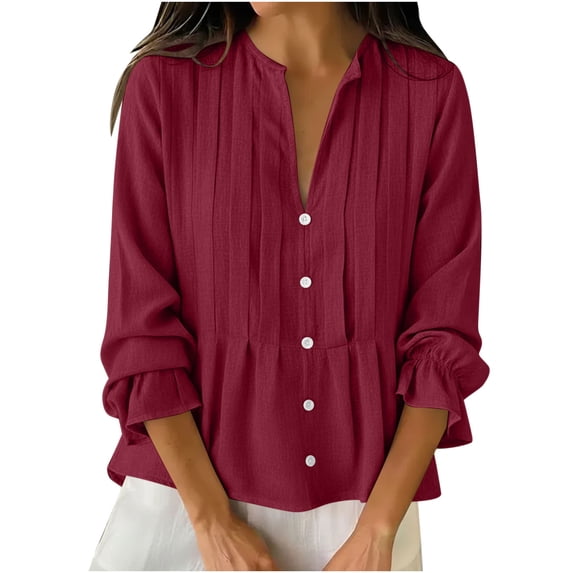 Dressy Casual Linen Tops Women Loose Fit Button Down Shirt Pleated Front Ruffled Long Sleeve Cropped Blouses (M, Wine)
