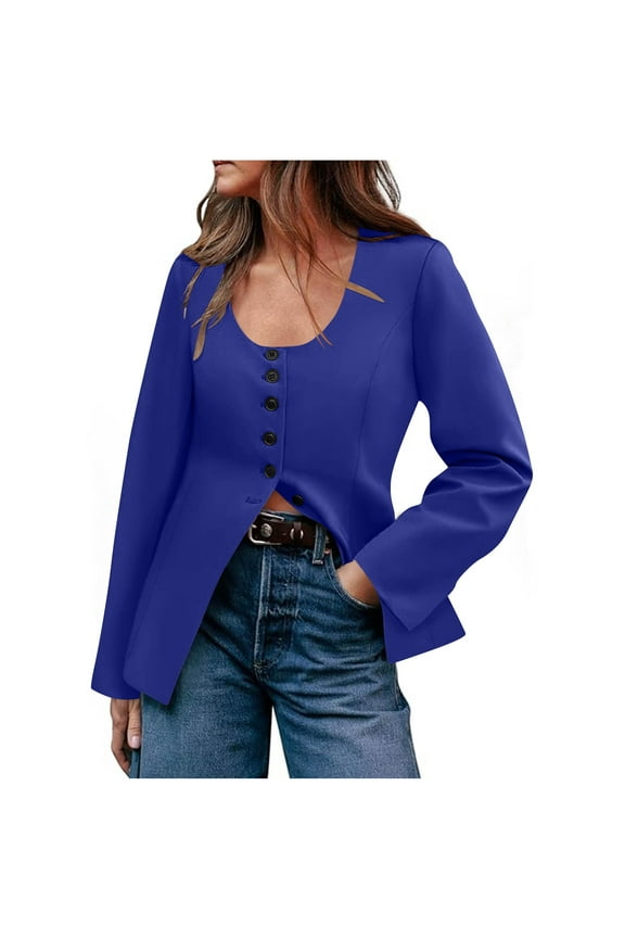Dressy Casual Long Sleeve Tops for Women Button Up U-Neck Solid Color Twill Cotton Blouses Work Office Wear (S, Blue)