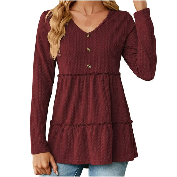 Dressy Casual Shirts Ladies Fall V Neck Buttons Ruffle Cute Babydoll Tops Crochet Textured Plain Pullovers (Medium, Wine)