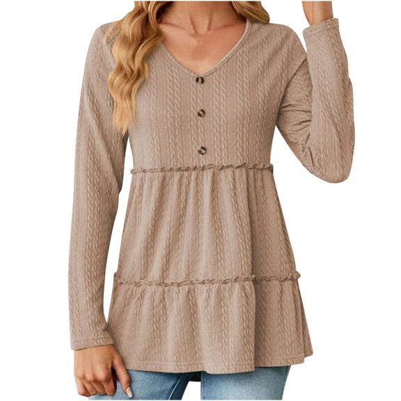 Dressy Casual Shirts Ladies Fall V Neck Buttons Ruffle Cute Babydoll Tops Crochet Textured Plain Pullovers (XX-Large, Khaki)