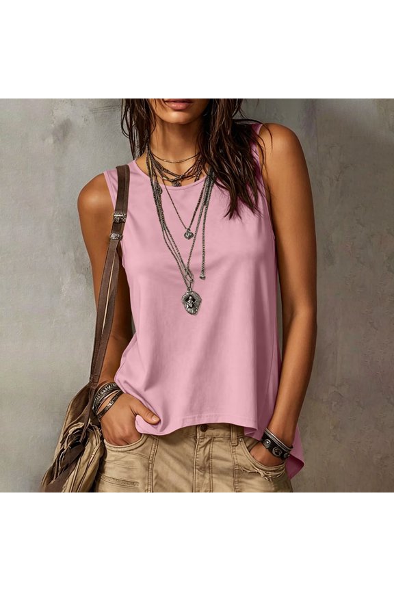 Dressy Casual Tank Top Women's Sleeveless Tank Top Summer Ruffled Wave Neck Top Solid Color Slim Blouse with Cross Back for Women Pink S