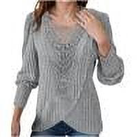 Dressy Casual Tops Women Ribbed Knit Hollow-out Lace Wrap Shirt Crewneck Long Sleeve Boho Blouses (XL, Gray)