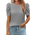 thumbnail image 1 of Dressy Casual Tops for Women Trendy Pleated Puff Short Sleeve Crew Neck Blouses Solid Color T-Shirts (M, Gray), 1 of 7
