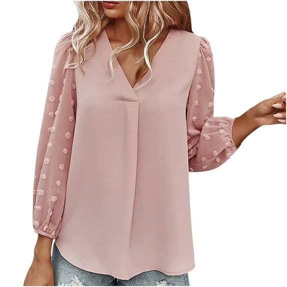 Dressy Casual Tops for Womens Fashion Chiffon Floral Pompom Mesh Puff Long Sleeve Shirt Elegant V-Neck Flowy Tees