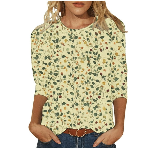 Dressy Casual Tops for Womens Plus Size Floral 3/4 Sleeve T-Shirt Cute Crewneck Basic Tunic Tee Top