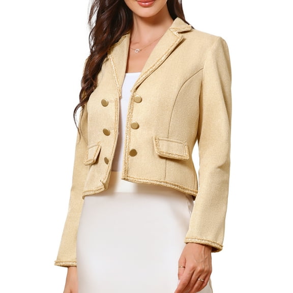 INSPIRE CHIC Dressy Casual Tweed Jacket for Women's Elegant Double Breasted Long Sleeve Crop Blazer L Apricot