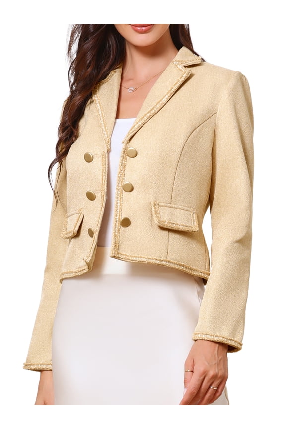 Dressy Casual Tweed Jacket for Women's Elegant Double Breasted Long Sleeve Crop Blazer M Apricot