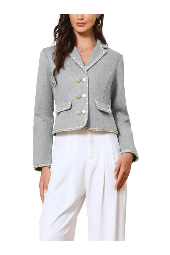 Dressy Casual Tweed Jacket for Women's Elegant Double Breasted Long Sleeve Crop Blazer XS Gray