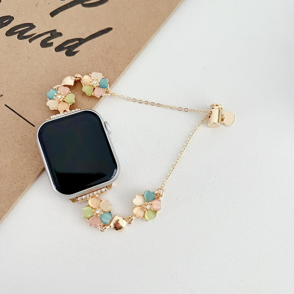 Dressy Chain Bracelet Compatible for Apple Watch Band 42mm 44mm 45mm 49mm, Elegant Bling Leaf Clover Chic Band for iWatch Series 9 8 7 6 5 4 3 2 1 SE Ultra Women Girls Wrist Strap, Gold/Color