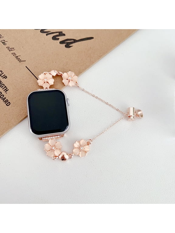Dressy Chain Bracelet Compatible for Apple Watch Band 42mm 44mm 45mm 49mm, Elegant Bling Leaf Clover Chic Band for iWatch Series 9 8 7 6 5 4 3 2 1 SE Ultra Women Girls Wrist Strap, Rosegold