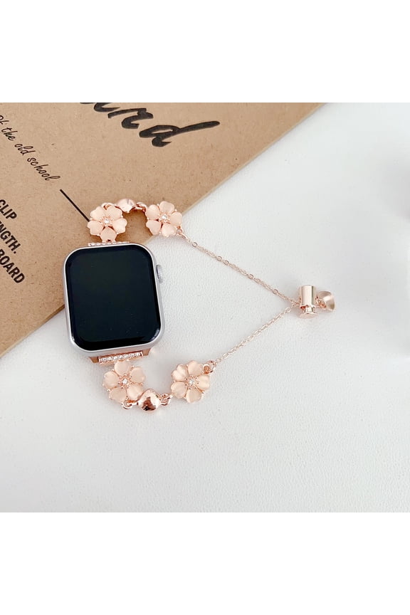 Dressy Chain Bracelet Compatible for Apple Watch Band 42mm 44mm 45mm 49mm, Elegant Bling Leaf Clover Chic Band for iWatch Series 9 8 7 6 5 4 3 2 1 SE Ultra Women Girls Wrist Strap, Rosegold