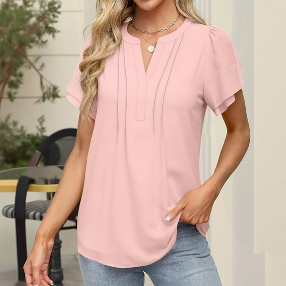Dressy Chiffon Blouses for Women Casual V Neck Petal Short Sleeve Shirts Summer Business Office Work Tops 2025