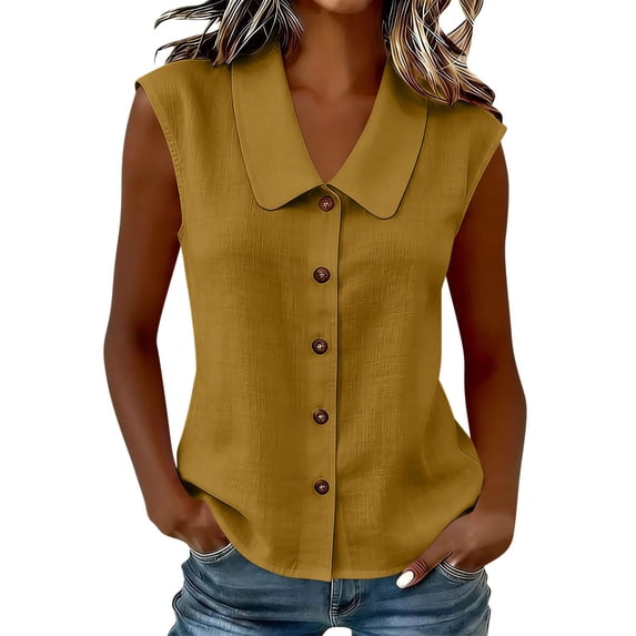 Dressy Collared Linen Tank Tops for Women Summer Loose Button Down Sleeveless Blouses Business Casual Shirts