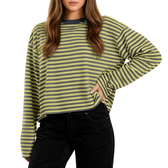 Dressy Color Block Blouses for Women Long Sleeve Loose Crewneck Striped T-Shirts Pullover Casual Cropped Tops