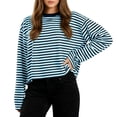 thumbnail image 1 of Dressy Color Block Blouses for Women Long Sleeve Loose Crewneck Striped T-Shirts Pullover Casual Cropped Tops, 1 of 8