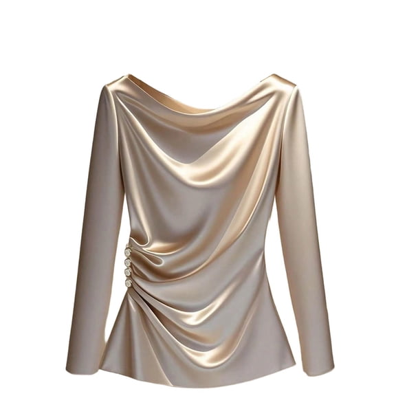 Dressy Cowl Neck Satin Blouse for Women Elegant Ruched Office Shirts Long Sleeve Business Casual Tunic Tops