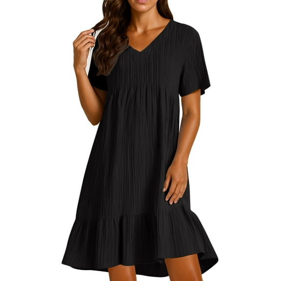 Dressy Dresses for Women Flowing 2025 Cotton Linen Knee Length V Neck Loose Shirt Dresses Short Sleeve Ruffle Tiered Layered Formal Midi Dresses Black 3XL