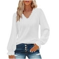 thumbnail image 1 of Dressy Eyelet Tops for Women Fall Winter Casual Ruffle Cuffs Long Sleeve V Neck Tee Shirt Loose Lace Trim Blouses (2XL, White), 1 of 1