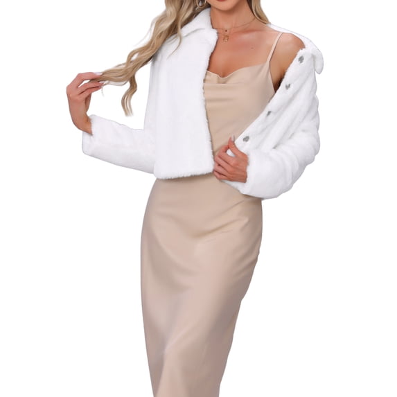 INSPIRE CHIC Dressy Faux Fur Coat for Women's Cropped Snap Button Winter Wedding Fluffy Jackets XS White