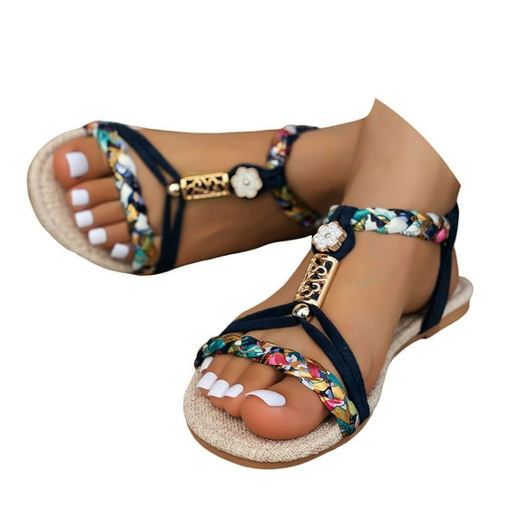 Bohemian Beach Dress Sandals for Women 2025 Summer Boho Braided Open Toe Flats Slingback Dressy Sandals