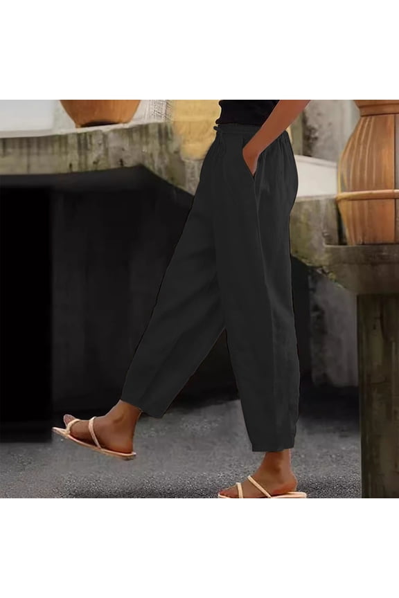 Dressy Harem Pants for Women Linen Summer Casual Pants High Waisted Boho Petite Crop Pant Straight Leg Beach Travel Trousers with Pockes Black L