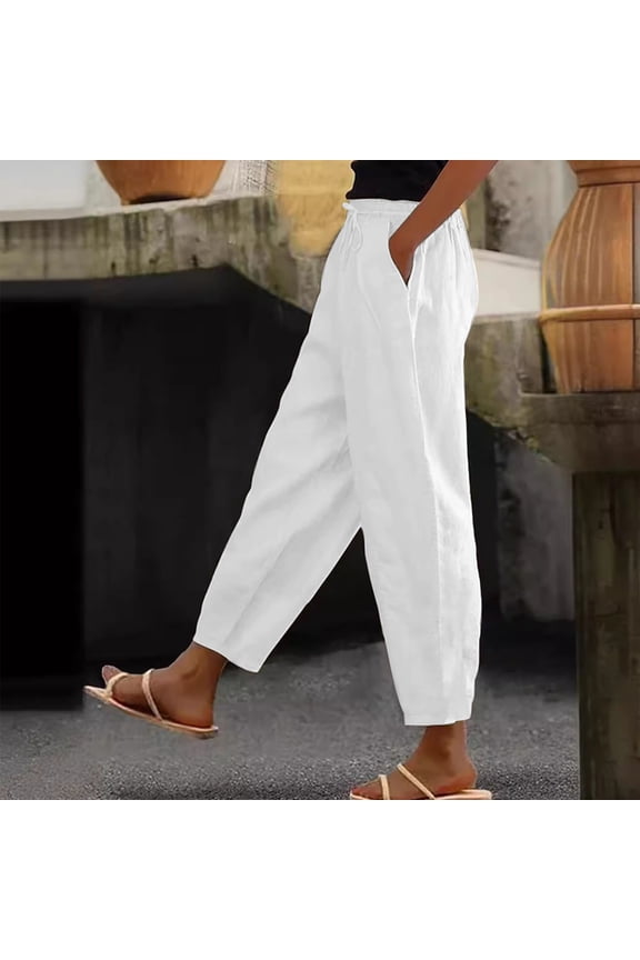 Dressy Harem Pants for Women Linen Summer Casual Pants High Waisted Boho Petite Crop Pant Straight Leg Beach Travel Trousers with Pockes White S