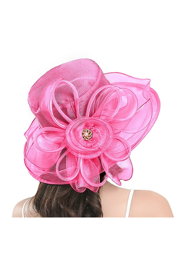 Dressy Hats for Women, Comdrip Organza Church Fascinator Wedding Tea Party Derby Hats for Women Flower Women's Floral Mesh Hat Sunshade Beach Hat Sun Block Hat Womens Derby Hats Hot Pink One Size