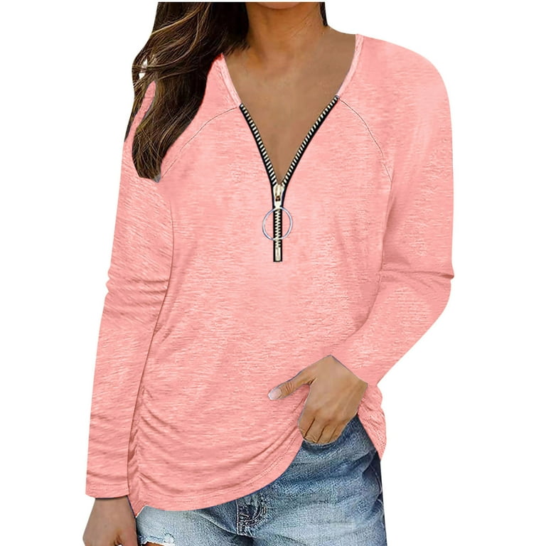 Dressy Hide Belly Long Shirt Long Sleeve Shirts 1/4 Zip up V-Neck Solid  Plus Size Tops for Women Tunic Tops to Wear with Leggings Comfy Flowy Pink  XXL