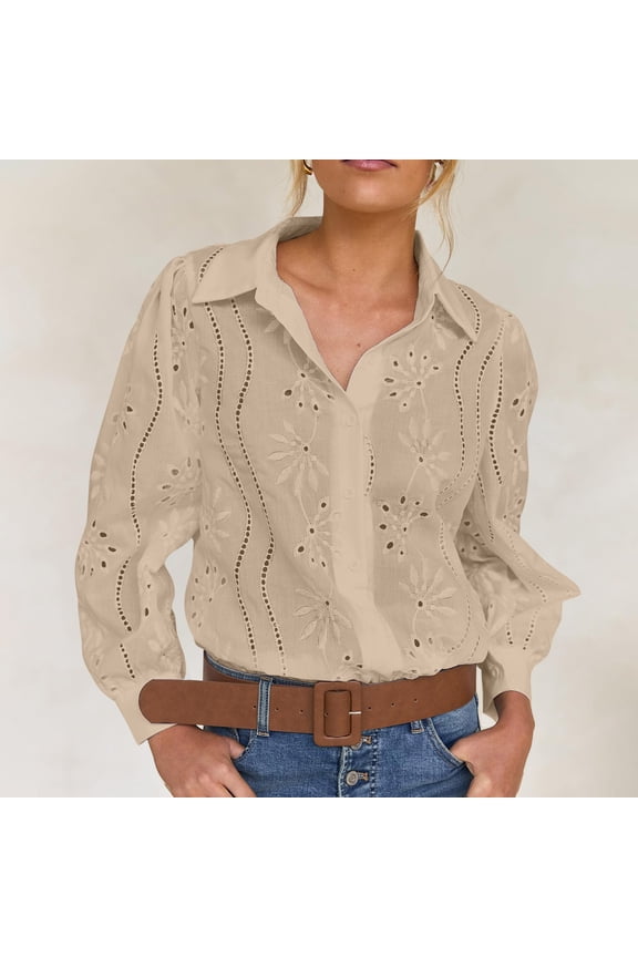 Dressy Hollow Blouses for Women Crochet Eyelet Button Down Shirts Loose Lapel Long Sleeve Business Casual Tunic Tops