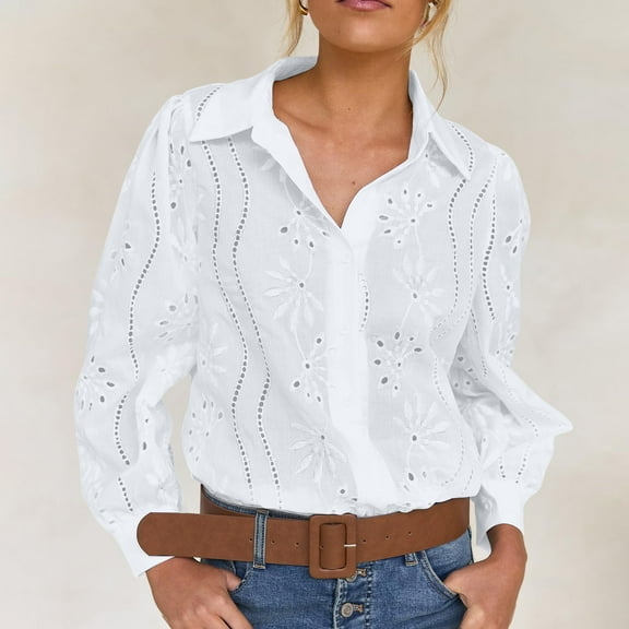 Dressy Hollow Blouses for Women Crochet Eyelet Button Down Shirts Loose Lapel Long Sleeve Business Casual Tunic Tops