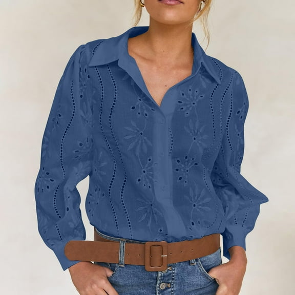 Dressy Hollow Blouses for Women Crochet Eyelet Button Down Shirts Loose Lapel Long Sleeve Business Casual Tunic Tops