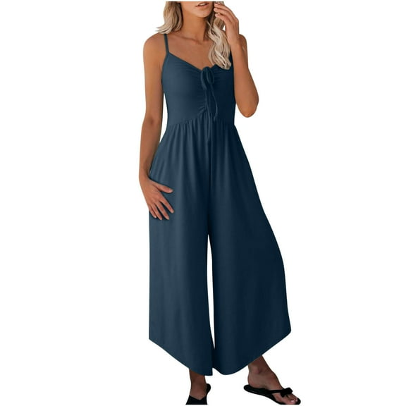 Dressy Jumpsuit for Women Wide Leg Jumpsuits with Pockets Adjustable Casual Rompers Spaghetti Strap Overall Pant (Navy 2XL)