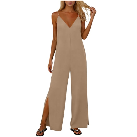 Dressy Jumpsuits for Women Casual V Neck Side Slit Wide Leg Overalls Summer Lightweight Rompers with Pockets