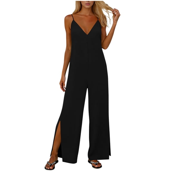 Dressy Jumpsuits for Women Casual V Neck Side Slit Wide Leg Overalls Summer Lightweight Rompers with Pockets