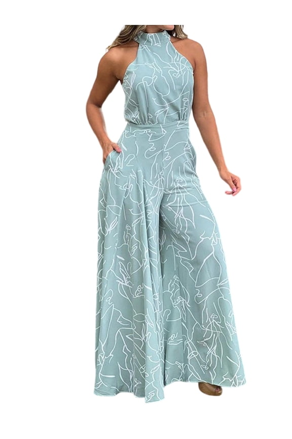 Dressy Jumpsuits for Women Evening Party Wedding Guest Plus Size Sleeveless Rompers Wide Leg Long Pants Blue M