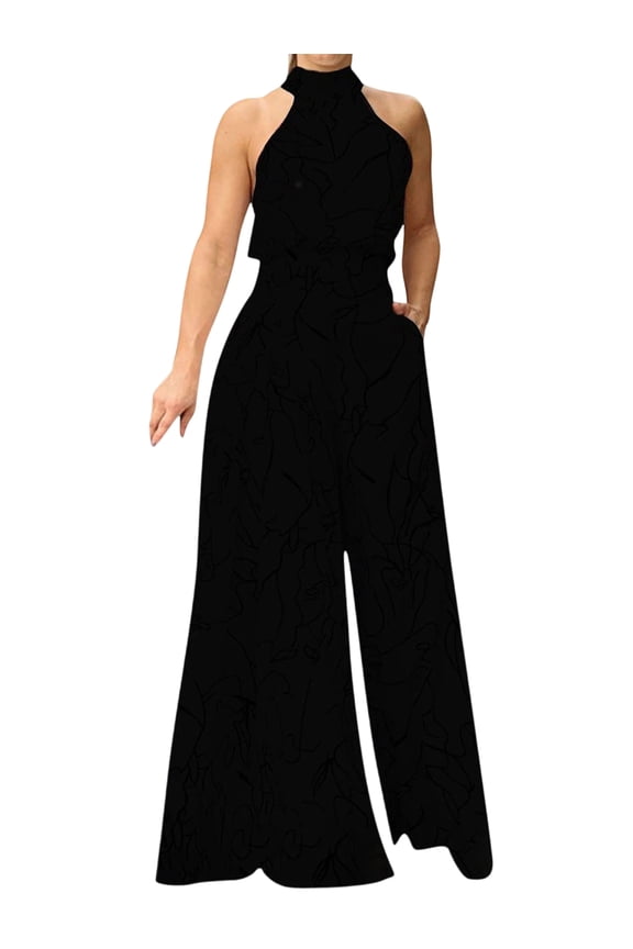 Dressy Jumpsuits for Women Evening Party Wedding Guest Plus Size Sleeveless Rompers Wide Leg Long Pants Pure Black L