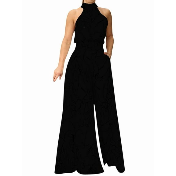 Dressy Jumpsuits for Women Evening Party Wedding Guest Plus Size Sleeveless Rompers Wide Leg Long Pants Pure Black XXXL