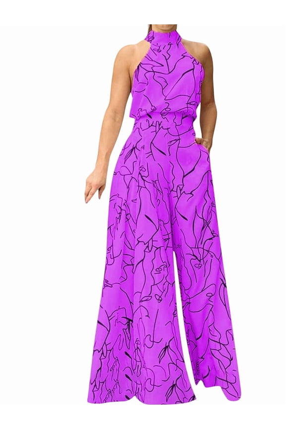 Dressy Jumpsuits for Women Evening Party Wedding Guest Plus Size Sleeveless Rompers Wide Leg Long Pants Purple XXL