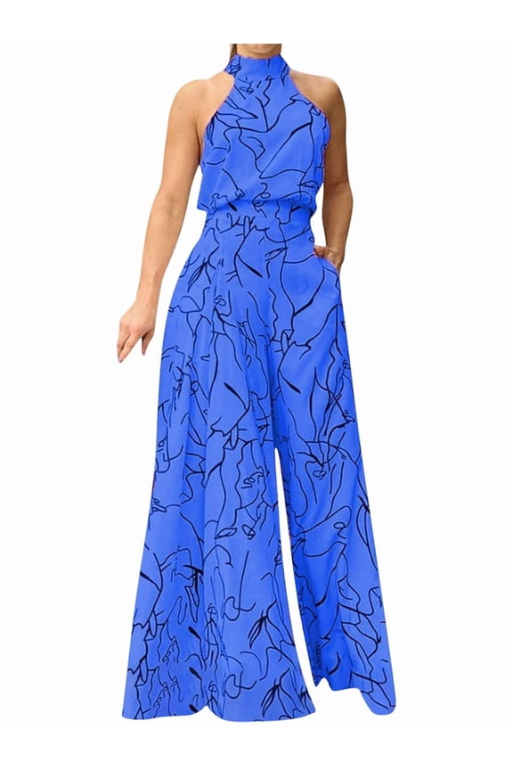 Dressy Jumpsuits for Women Evening Party Wedding Guest Plus Size Sleeveless Rompers Wide Leg Long Pants Royal Blue S