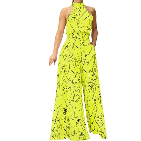 Dressy Jumpsuits for Women Evening Party Wedding Guest Plus Size Sleeveless Rompers Wide Leg Long Pants Yellow XXXL